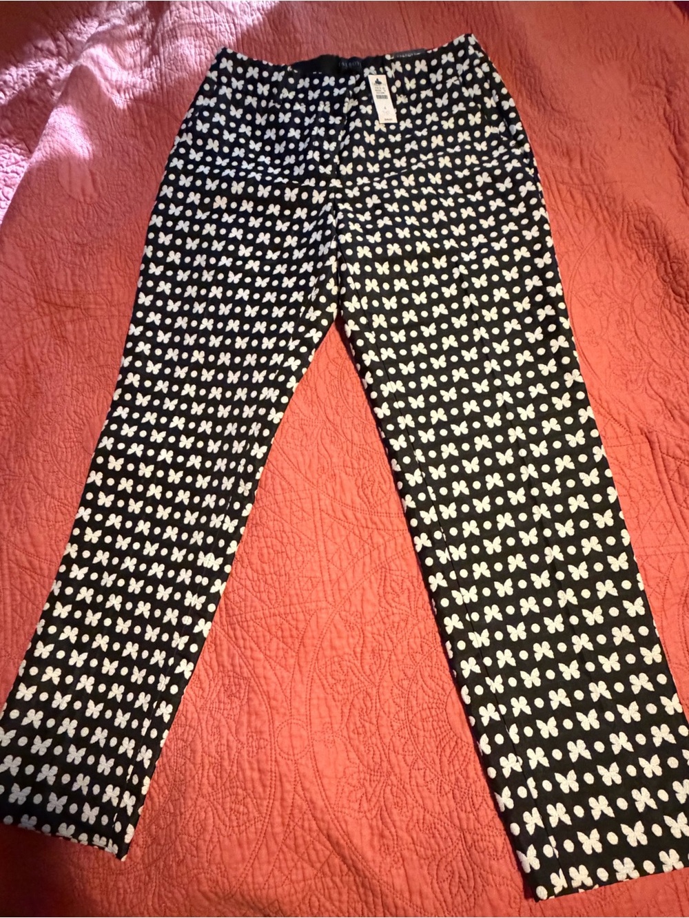 Talbots Straight Black Trousers with Embossed White Butterfly Pattern Size 4 NWT